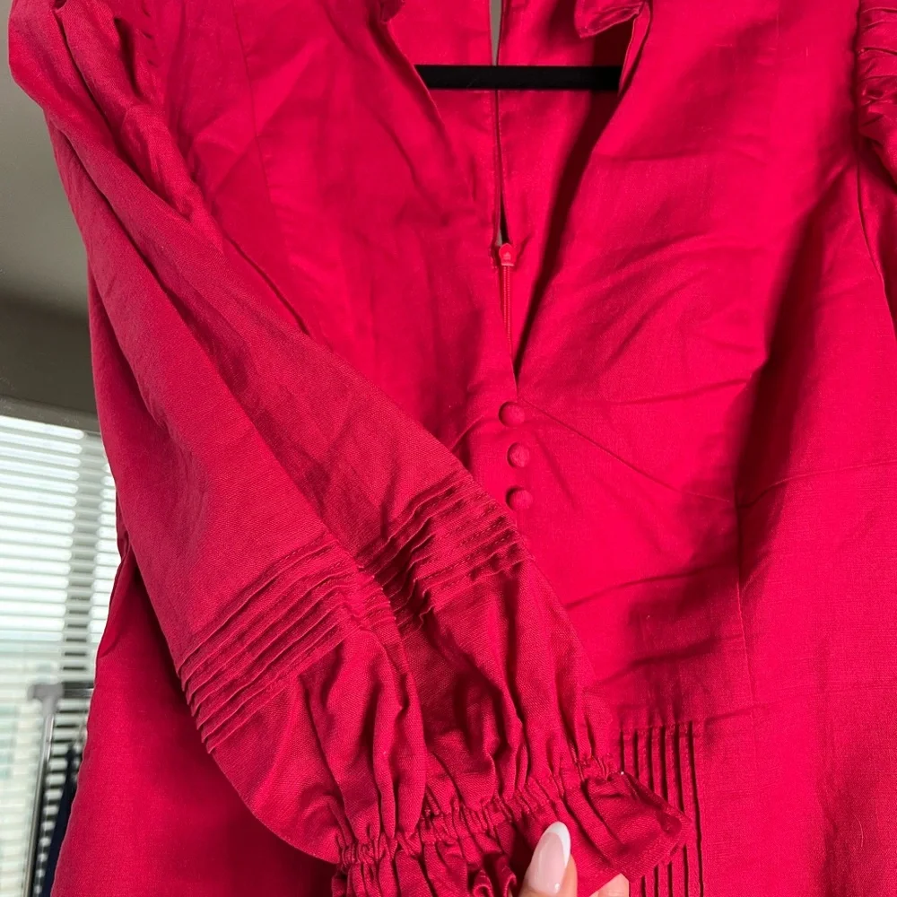 Haute Rogue red linen/cotton mini dress w puffed sleeves - Picture 9 of 10